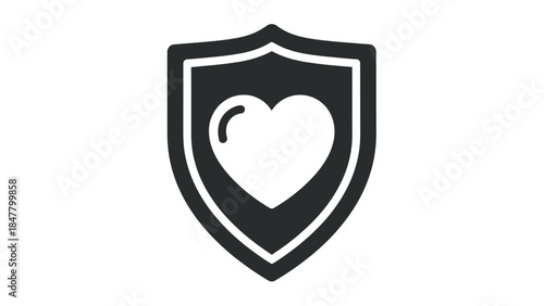 Minimalistic shield icon with a heart symbol representing protection and care for health safety