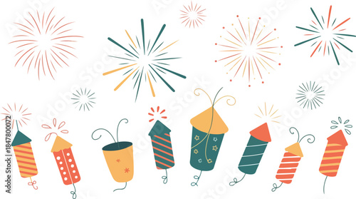 Minimalist Colorful Fireworks Vector Illustration Isolated on Light Background