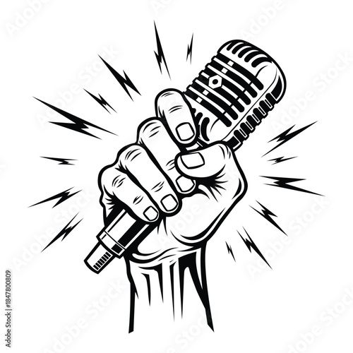 A hand holding a microphone with lightning bolts around it 