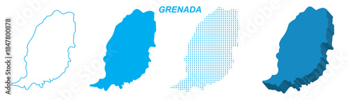 Grenada Map Vector Set, Caribbean Outline Silhouette Dotted 3D Solid Shapes, Grenada Country Infographic Template, Editable EPS Grenada Geography