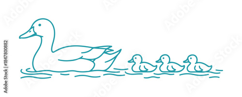 A drawing of a mother duck swimming with her little chicks, stroke can be edited
