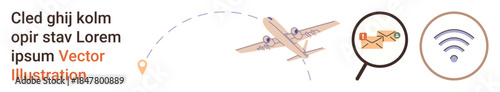 Travel, navigation, communication, technology, flight tracking, wireless networks. Airplane flying with a dashed trail, magnifying glass over an envelope wireless icon. Navigation and communication