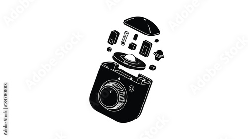 Disassembled digital camera with parts floating above