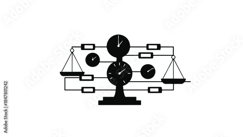 Black and white illustration of scales with clocks and paperwork