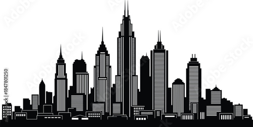 Black Silhouette Cityscape Skyline With Tall Skyscrapers And Buildings On White Background vector illustration