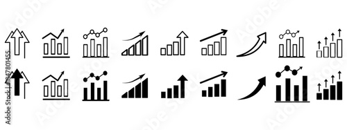 Growth icon set. Containing arrow up, growing graph, business chart icons. Vector illustration.
