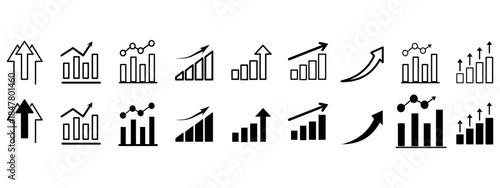 Growth icon set. Containing arrow up, growing graph, business chart icons. Vector illustration.
