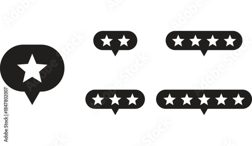 Five star rating, positive feedback in speech bubble. Service satisfaction, quality, good rate.