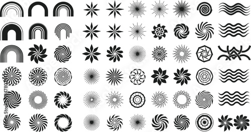 Collection of Abstract Geometric Shapes and Swirls in Black and White spiral
