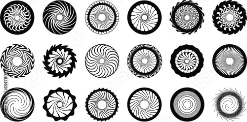 Collection of black and white circular abstract geometric patterns and designs Keywords: abstract, pattern, geometric, circular