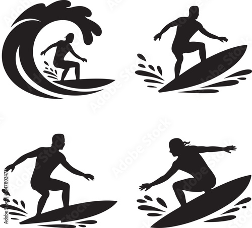 Dynamic Surfing Silhouettes Riding Ocean Waves