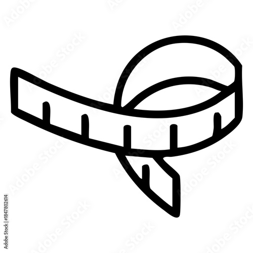 Outline of a flexible measuring tape curled into a loose loop, often used for tailoring, tracking body measurements. Related to sewing, tailoring, construction, fitness tracking, weight loss progress