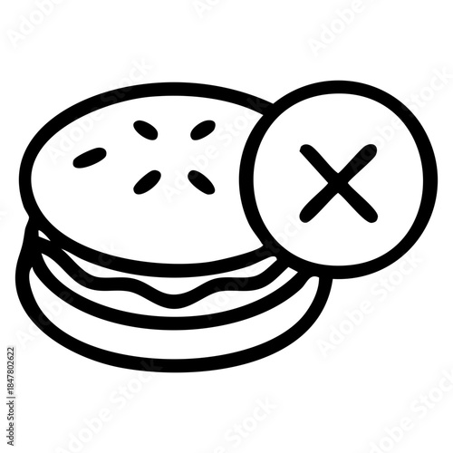 Outline of a burger with a large "X" mark, an added restrictive symbol, signifying a prohibition or avoidance of fast food. Related to dietary restrictions, healthy eating campaigns, fast food bans