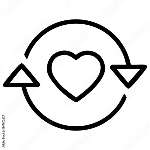 Outline of a heart symbol enclosed within a circular arrow, signifying the renewal or restoration of affection. Related to restoring love, emotional healing, relationship renewal, self-care, re-loving