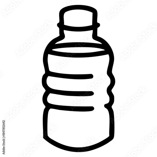 Minimalist outline drawing of a disposable water bottle features a contoured body for grip, a narrow neck, and a standard screw-top cap. Related to hydration, mineral water, beverages, plastic recycle