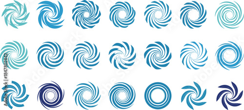 Collection of eighteen blue and teal abstract swirling spiral graphic design elements on white background