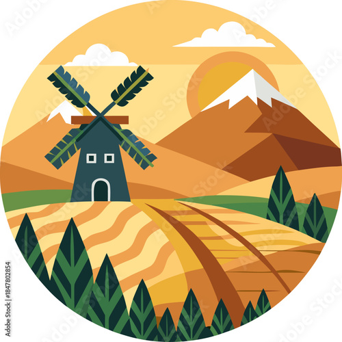 Rural windmill at hilltop, wheat field below, mountain range in background, sunrise view , white background