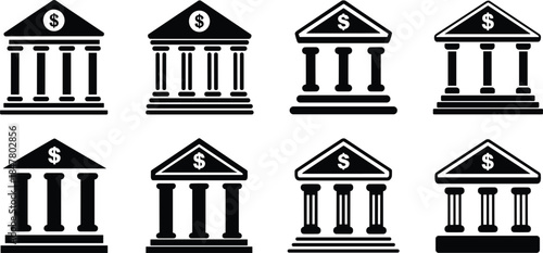 Eight Black Bank Building Icons with Columns and Dollar Signs finance money