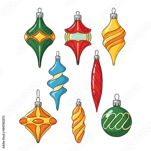 A charming collection of vintage inspired Christmas tree ornaments in vibrant colors