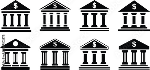 Eight black bank building icons with columns and dollar signs on white Keywords: bank, building, finance, money, icon, symbol