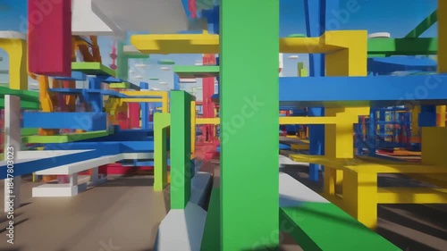 Navigating Colorful Geometric Shapes Abstract Structure 3D Animation