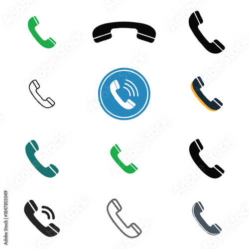 Collection of diverse telephone receiver symbols for communication and contact