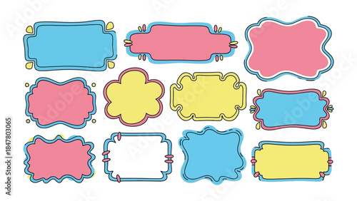 Colorful Labels: A collection of vibrant labels, each uniquely designed with diverse shapes and hues, perfect for adding visual interest and conveying information with style and flair.