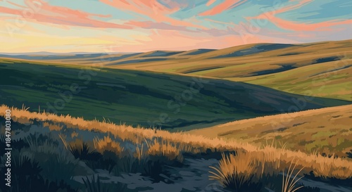 Digital illustration of rolling hills landscape at sunset. Scenic countryside view with golden grass during golden hour. Anime style nature background