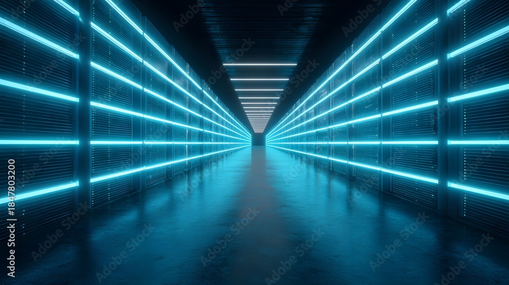 Fototapeta premium Futuristic Blue Neon Tunnel with Reflective Floor.
