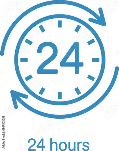 24 hours icon, blue clock vector symbol for open daily service, time delivery, support, schedule, and around the clock availability.