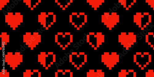 Seamless Pixel Heart Pattern of red hearts in 8 bit style on black background, for game design, retro themed graphics, Valentines prints, or digital backgrounds.Vector illustration