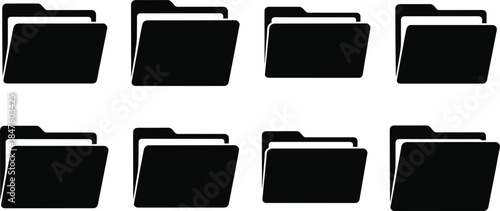 Set of Eight Black Folder Icons with White Paper Inserts symbol graphic