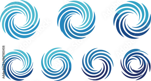 Set of Seven Abstract Swirling Blue and Teal Circular Logos on White Background vortex spiral