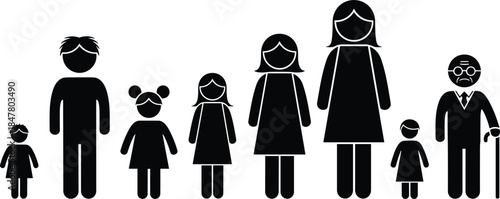 Silhouettes of a diverse family group from child to elderly man with cane people