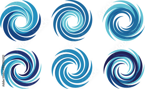 Six abstract blue and dark blue swirling vortex graphic design elements on white background spiral