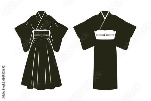 Traditional Japanese kimonos with wide sleeves and decorative obi in vector illustration style