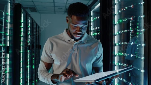 African american male it technician performing diagnostics and maintenance on server infrastructure within a secure data center using a digital tablet