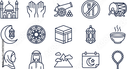 Islamic line icons set, Ramadan Kareem vector symbols for Muslim religion, fasting, prayer, mosque, Kaaba, and Eid Mubarak celebration.
