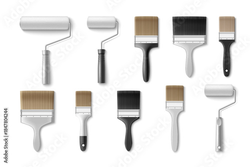 3D paint brush and roller set on white background. Vector realistic illustration of painting tools for house interior renovation services, painting art instruments for wall repair, design equipment