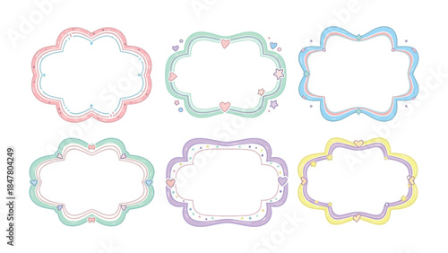 Decorative Label Frames: A collection of six elegantly designed label frames, each with a unique scalloped border and delicate pastel hues.