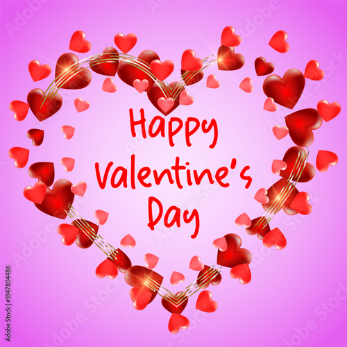 Happy Valentines Day background with red hearts and lettering. Template for Valentine s Day gift card. Vector illustration
