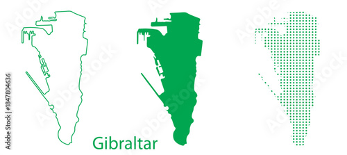 Gibraltar Map Vector Set, Europe Outline Silhouette Dotted Green Shapes, Gibraltar Territory Infographic Template, Editable EPS Gibraltar Geography