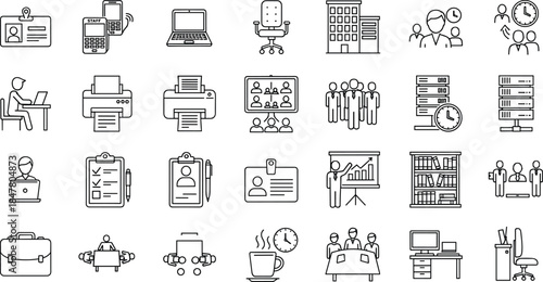 Professional Office Business Icon Set, Minimal Thin Line Vector Design for Corporate Management, Workplace Technology, Staff Meetings, and Data Administration.