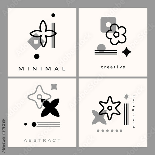 Set of Minimalist Abstract card templates in black, white, and gray with geometric elements and minimal layout for branding, social media posts, invitations, packaging, digital graphics. Vector