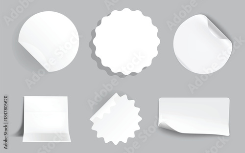 Vector set of white paper circle stickers isolated on transparent background. Realistic stickers curved with white corner and soft shadows.