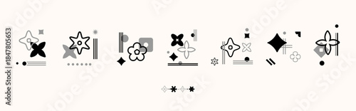 Minimal Abstract Icon and geometric shapes set in black, gray, and white for branding, logo design, packaging, web graphics, or decorative layouts. Geometric Symbols and Shapes. Vector illustration