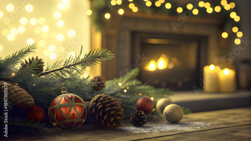 Close-up of Christmas Decorations: Pinecones, Ornaments, and Twigs by the Fireplace