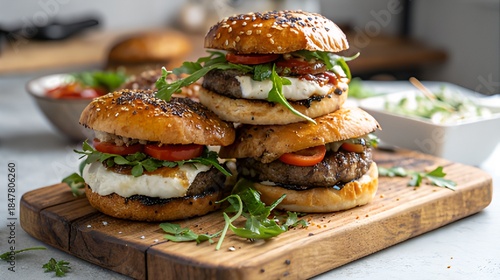 Stack of Gourmet Burgers with Fresh Ingredients on a Wooden Board Display