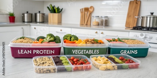 Fresh and healthy meal prep containers filled with lean protein, vegetables and grains