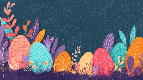 Colorful eggs on a dark background with plants and flowers